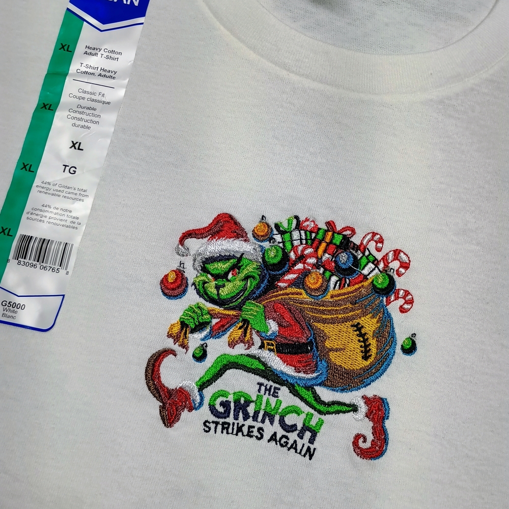 Embroidered Gildan White Grinch Holiday T-Shirt